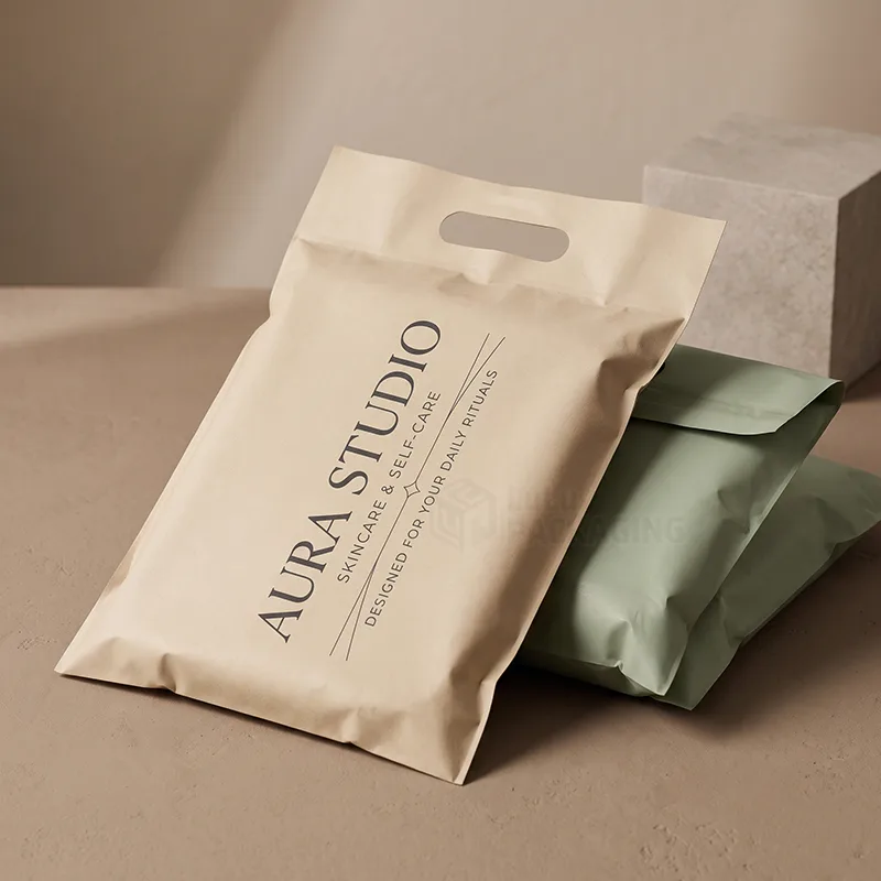 Natural compostable mailer with a die cut handle and printed logo beside a sage mailer