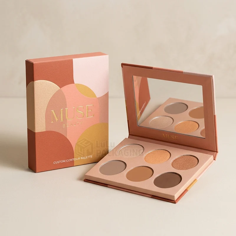 Terracotta contour palette box with gold foil beside an open six pan palette with mirror