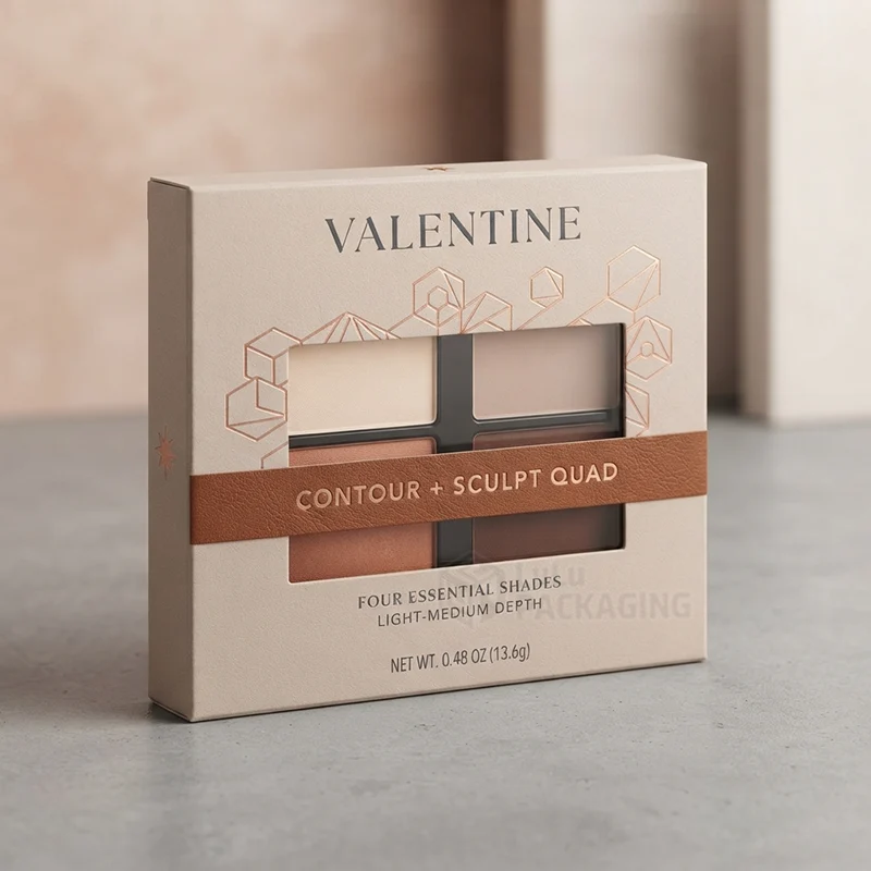 Taupe contour palette box with a window showing four shades and a copper band