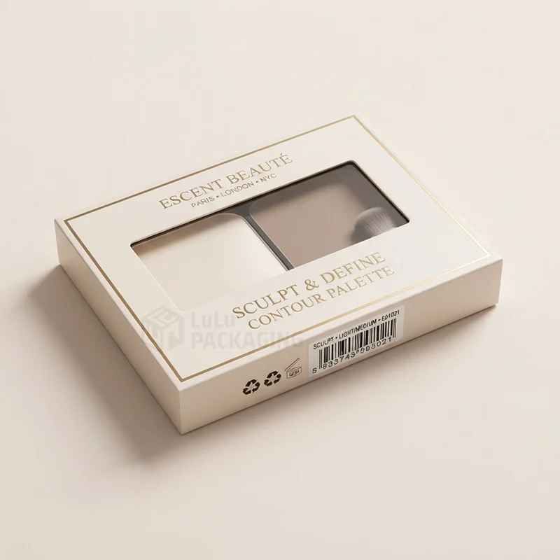 White contour palette box with gold foil border and a window showing the pans