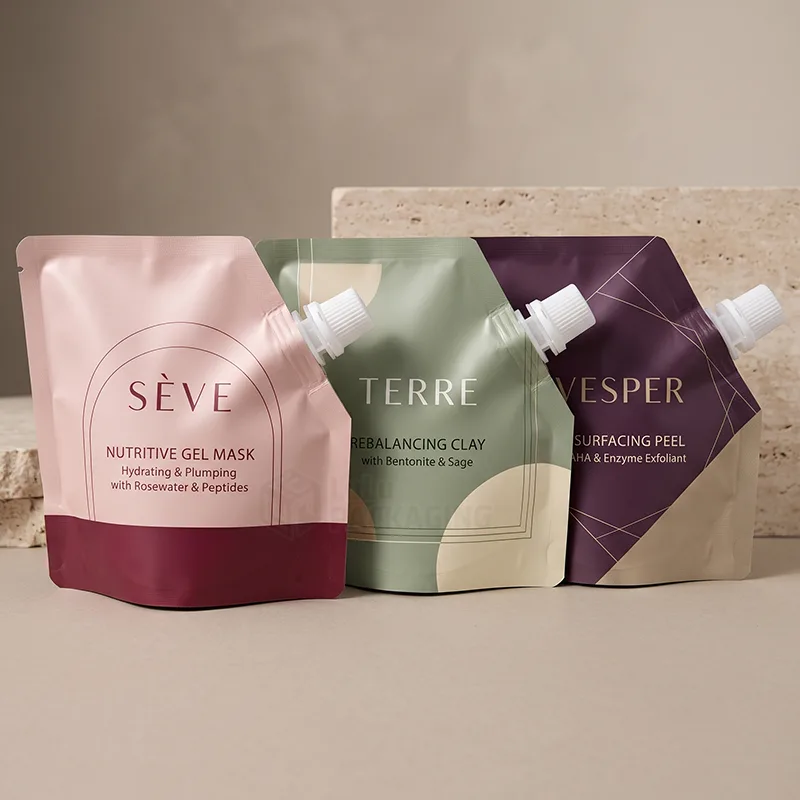 Three corner spout pouches with white caps for gel mask, clay and peel products