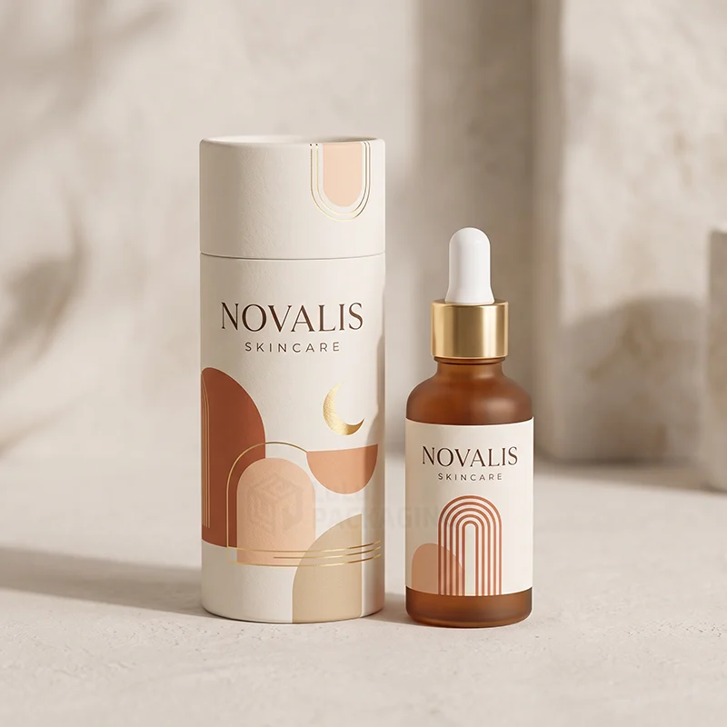 Printed paper tube box with arch art and gold foil beside an amber dropper bottle