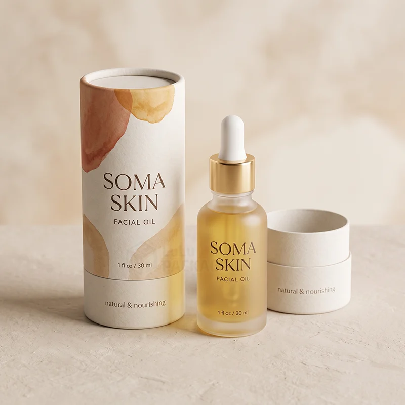 White paper tube box with watercolour print beside a facial oil bottle and lid