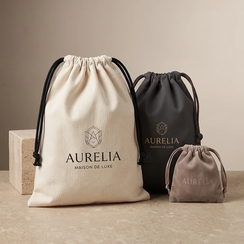 Natural cotton, charcoal and taupe velvet dust bags in three sizes with printed logos