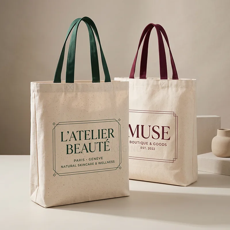 Two natural cotton tote bags with green and burgundy handles and printed logos