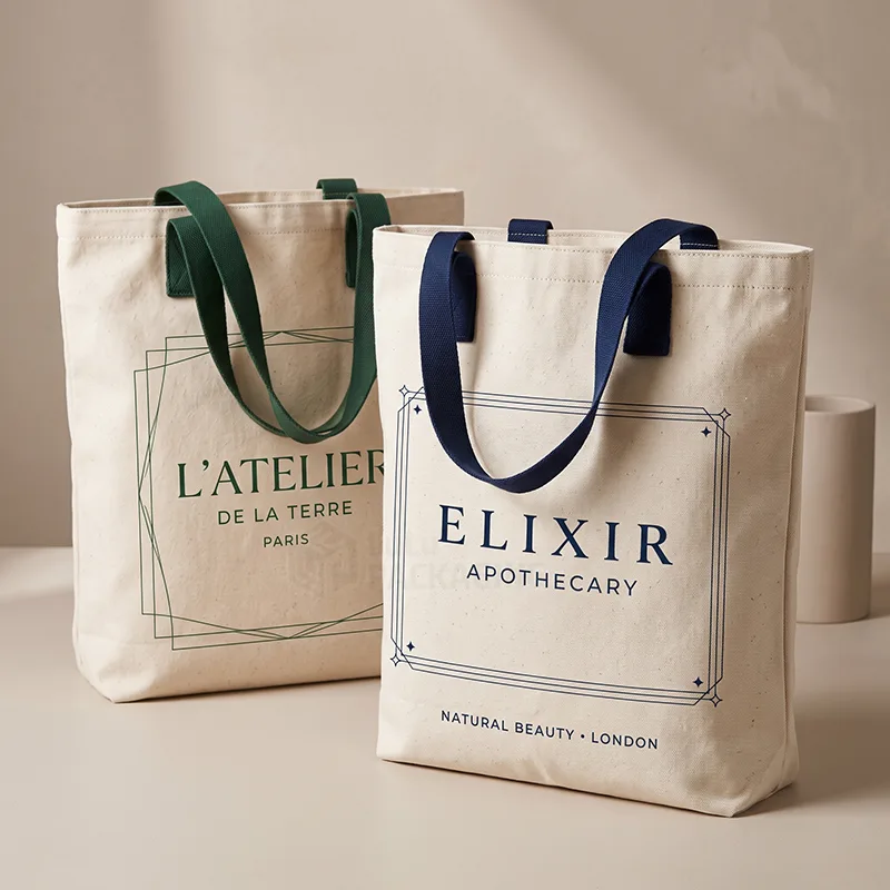 Two natural cotton tote bags with green and navy handles and printed apothecary logos