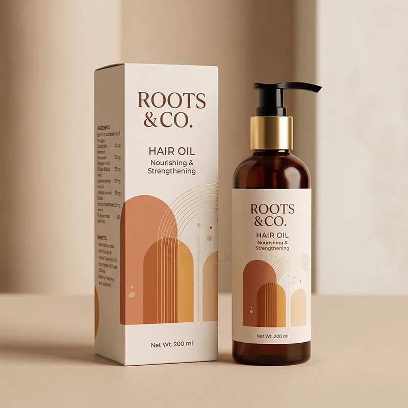 Cream hair oil box with terracotta arch print and an amber pump bottle in front