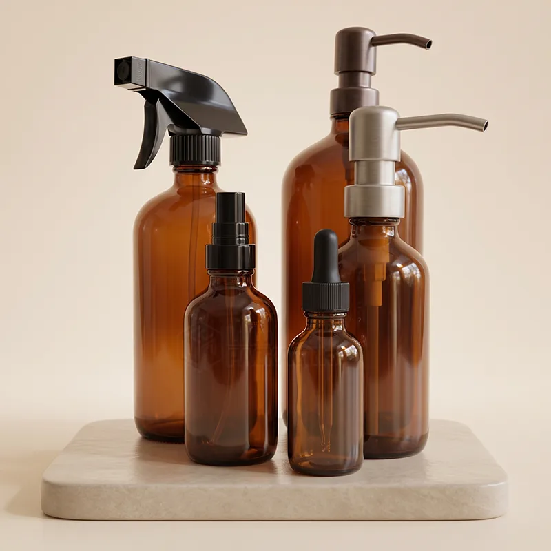 Amber glass bottles in different sizes with a trigger sprayer, lotion pumps, a fine mist sprayer and a dropper