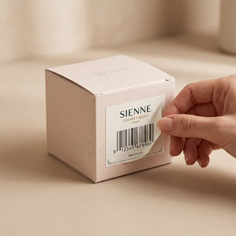 Hand applying a white barcode label with brand name and batch number to a pale pink product box