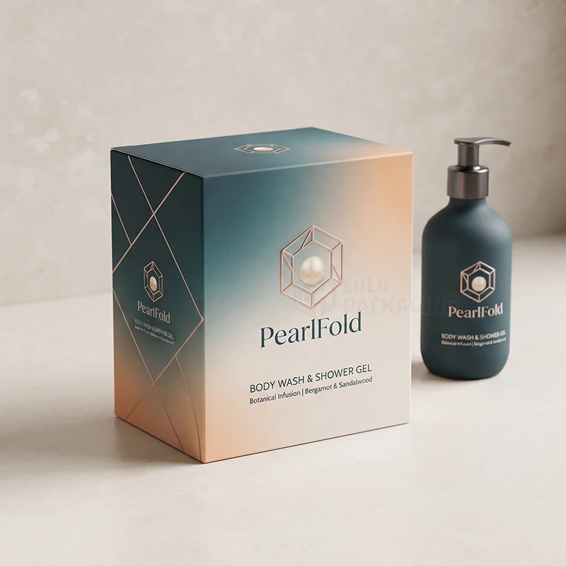Teal and peach gradient body wash box with rose gold foil logo and a matching pump bottle