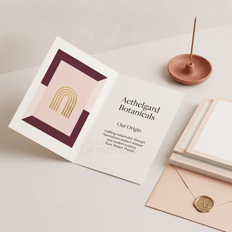 Open folded brand story card with gold arch artwork and 'Our Origin' text, beside cards and a wax-sealed envelope
