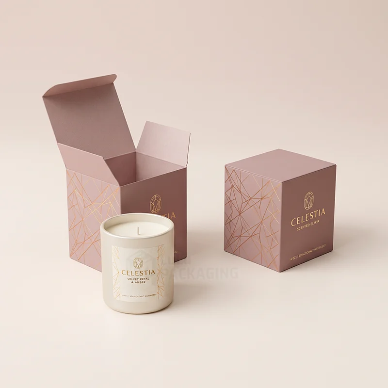Mauve candle boxes with rose gold foil line pattern and a jar candle in front