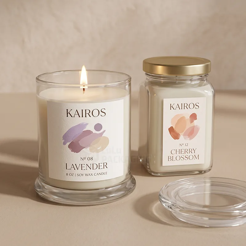 Lit soy candle in a glass jar and a gold-lid square jar, both with watercolour labels