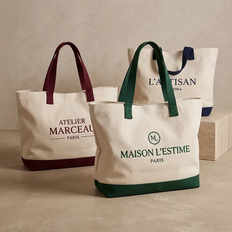 Natural canvas tote bags with burgundy, green and navy handles and printed logos