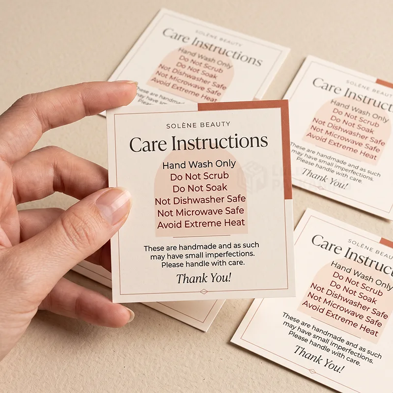 Hand holding a square care instructions card with handwash and heat warnings, more cards spread on the table