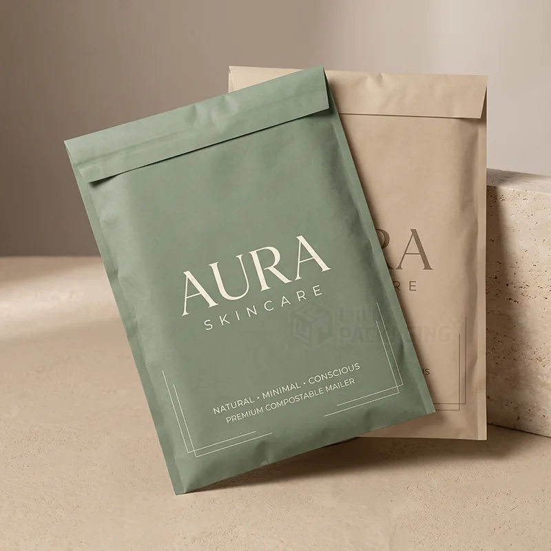 Sage green and natural compostable mailers with printed logos