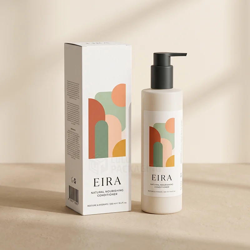 Tall white conditioner box with abstract arch print and a matching pump bottle
