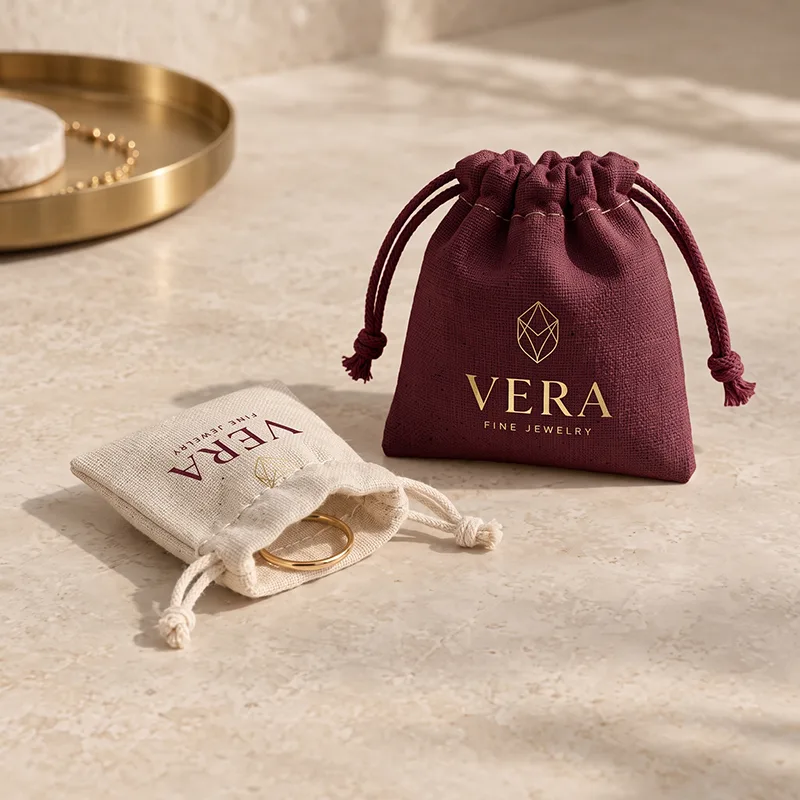 Natural cotton drawstring pouch holding a gold ring beside a burgundy cotton pouch with a gold logo