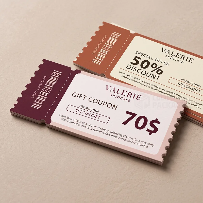 Two ticket-style coupon cards with perforated stub and barcode, showing 70$ gift coupon and 50% discount