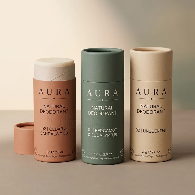 Three paperboard deodorant tubes in terracotta, green and cream with printed labels