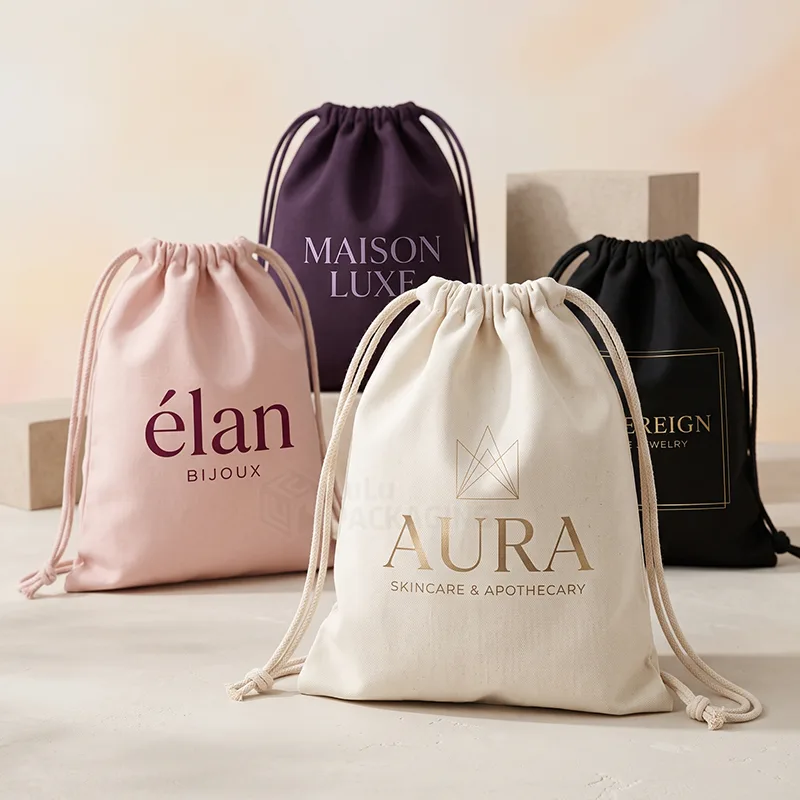 Cotton drawstring bags in natural, pink, purple and black with printed logos