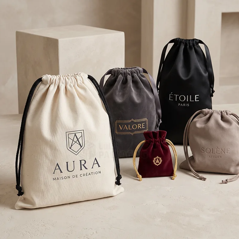 Dust bags in cotton, velvet, satin and suede with printed and foil logos