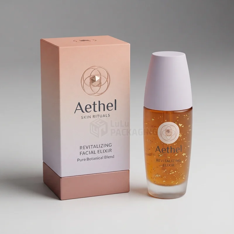 custom facial oil boxes in rose gradient with a facial elixir bottle