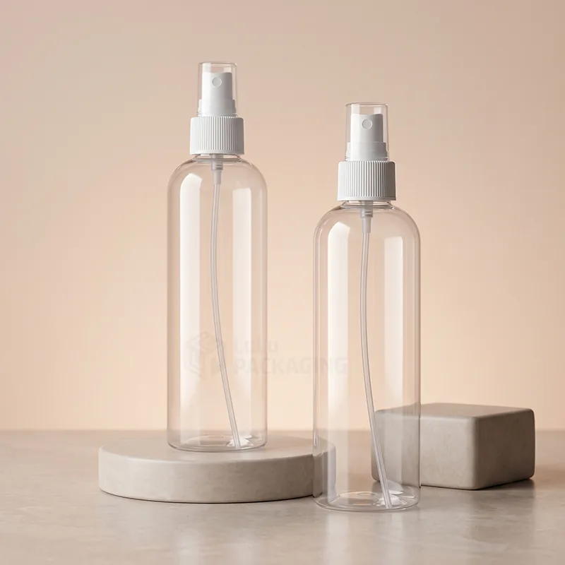 Two clear plastic fine mist spray bottles with white sprayers and clear overcaps