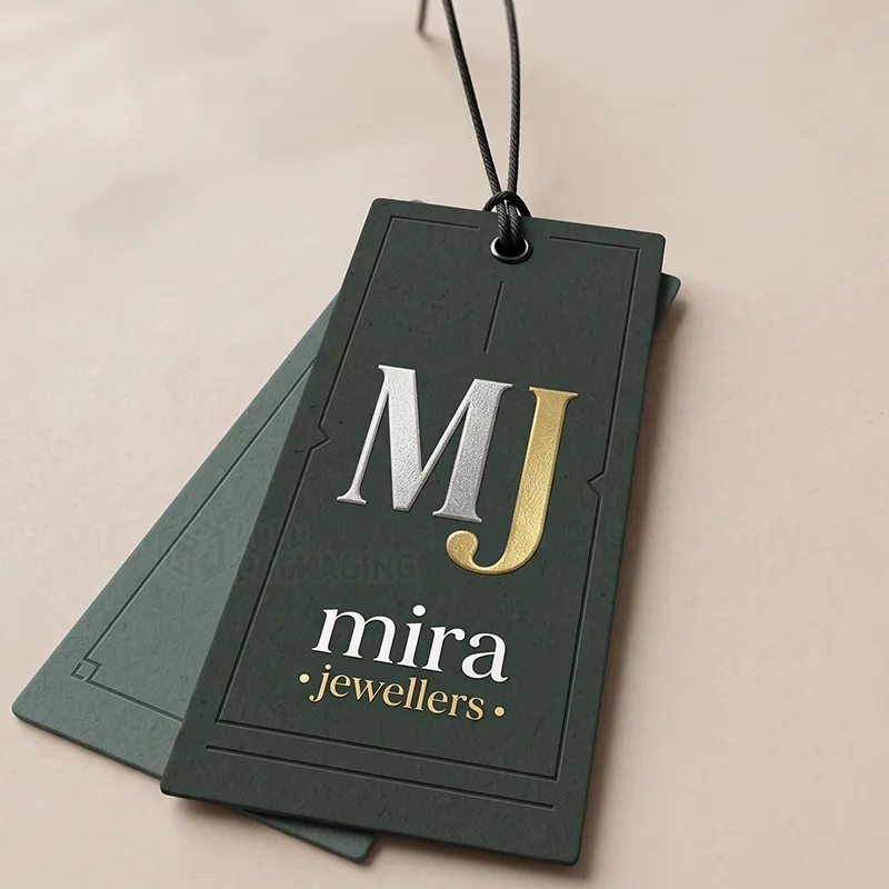 Dark green hang tag with a silver and gold foil MJ monogram and gold foil text, with a black cord
