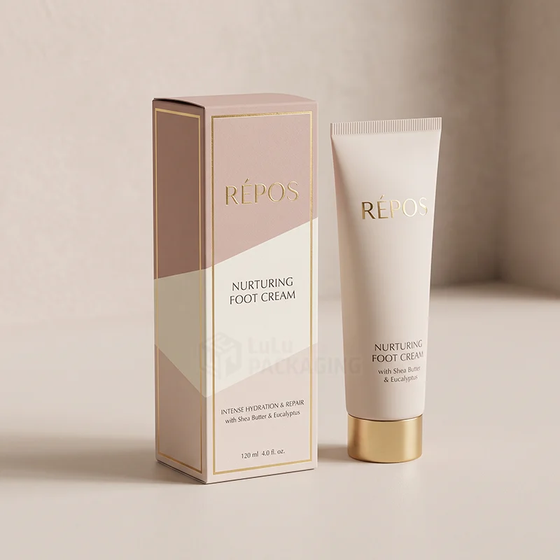 Pink and cream foot cream box with gold foil border next to a matching tube