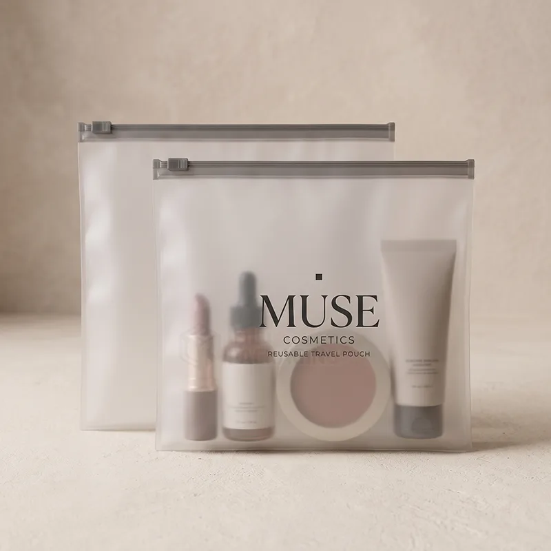 Frosted zipper bags with grey sliders holding makeup and skincare products