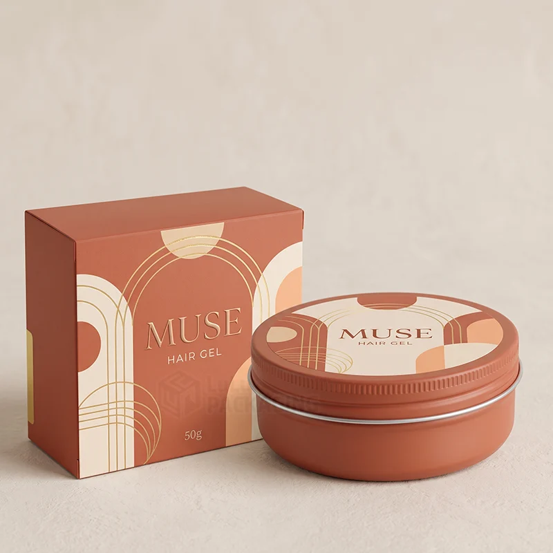 Terracotta hair gel box with arch print next to a matching round tin