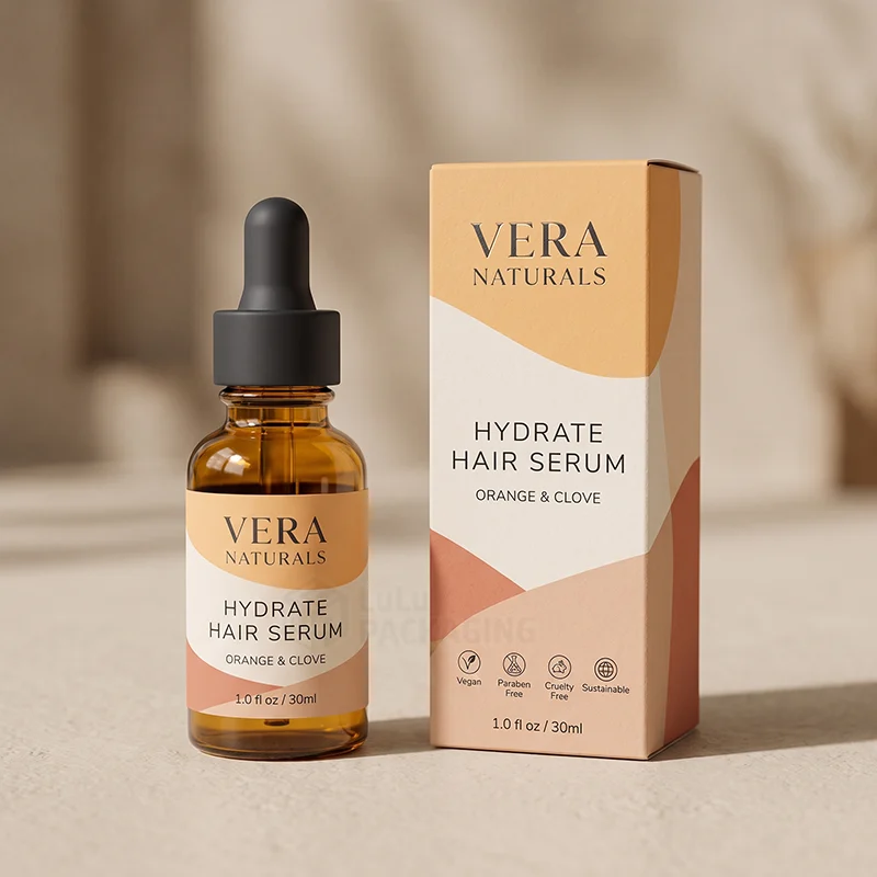 Peach and cream hair serum box with an amber dropper bottle in front