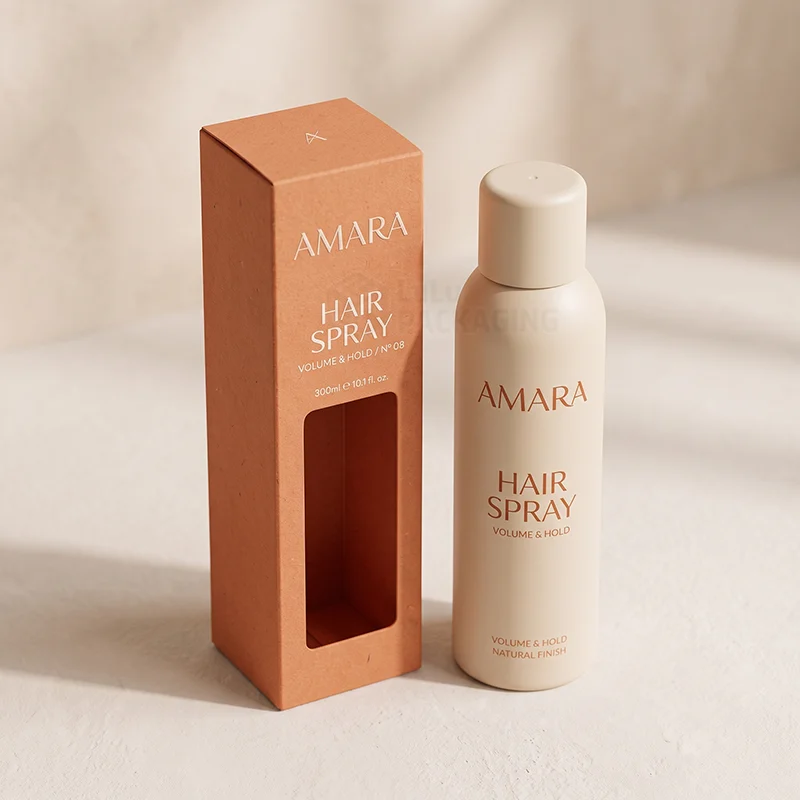 Tall terracotta hair spray box with a window next to a cream aerosol can