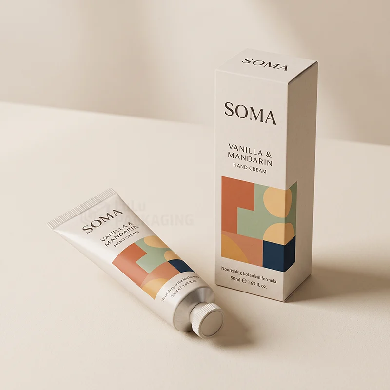 Slim white hand cream box with colour block print next to a matching tube