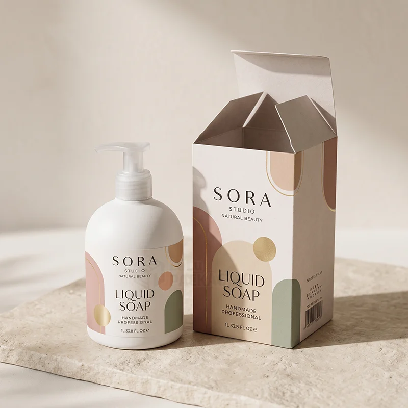 White liquid hand soap box with arch print, open tuck top, next to a pump bottle