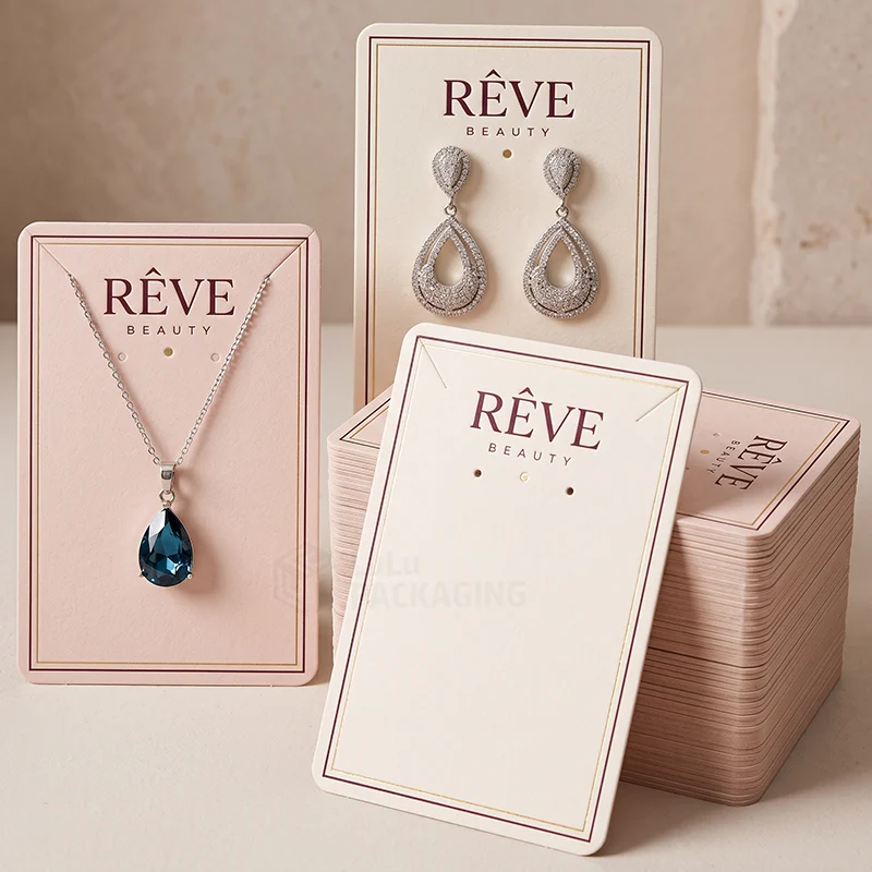 Printed jewellery display cards with a blue pendant necklace, drop earrings and a blank card stack