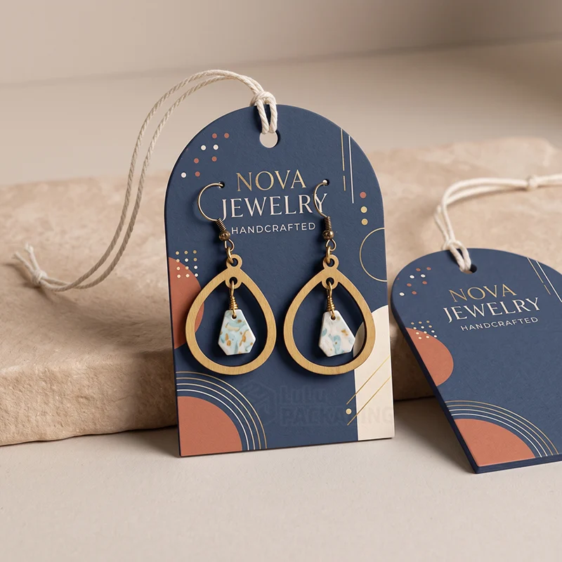 Navy arch-shaped jewellery hang tags with cotton string holding wooden drop earrings