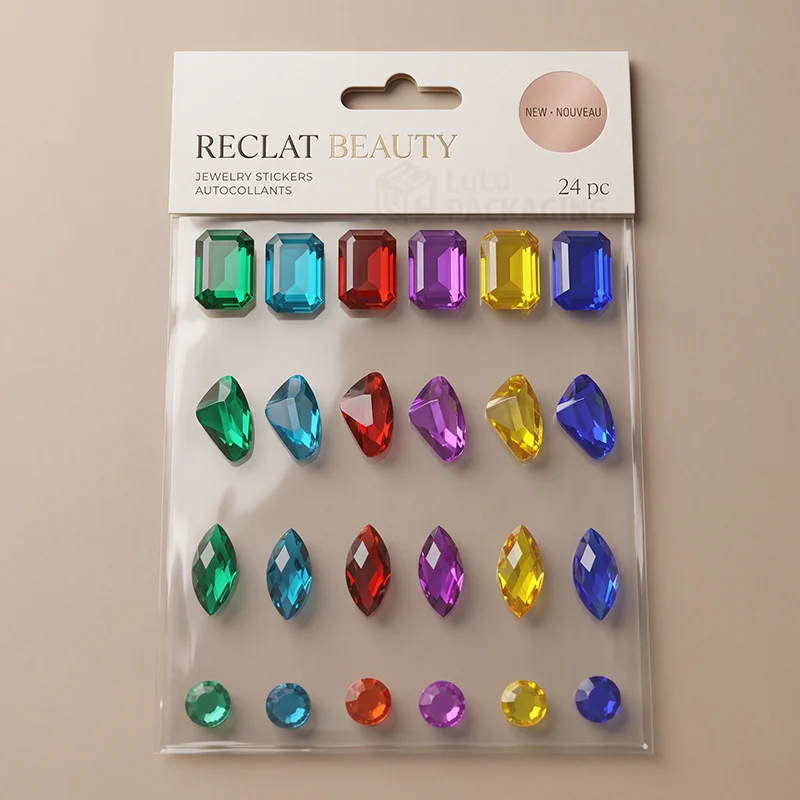 Pack of gem jewellery stickers in green, blue, red, purple, yellow and navy with a header card