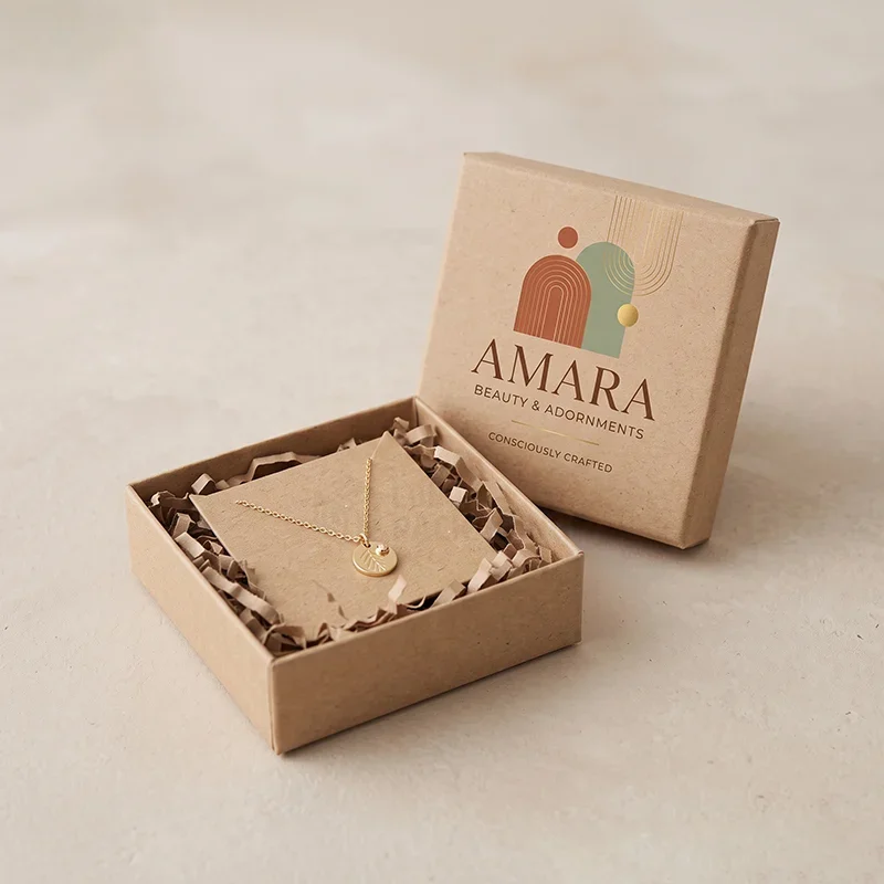 Kraft jewellery box with a printed logo lid, open to show a gold necklace on kraft shred