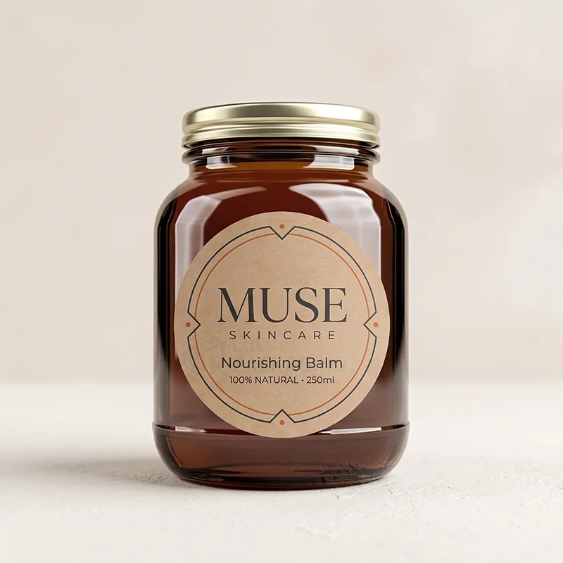 Amber glass jar with a gold lid and a round kraft label with dark and orange print