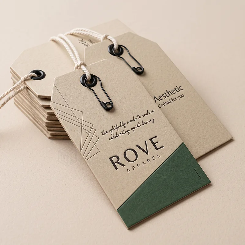 Stack of kraft hang tags with black eyelets, safety pins and cotton cord, printed with a green colour block
