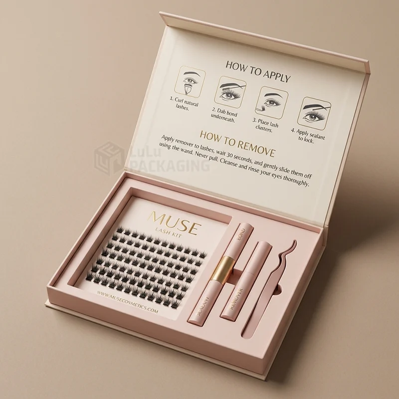 Open rigid lash kit box with how-to steps in the lid and clusters, bond, sealant and tweezers