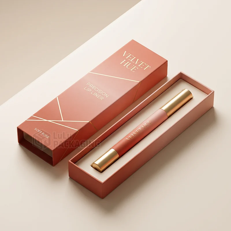 Coral lip liner box with gold foil lines and a sliding sleeve, open to show a gold-capped lip liner in a cream insert.