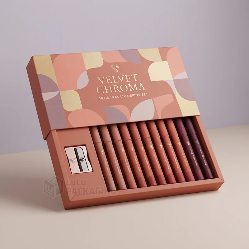 Custom lip liner gift box with a sliding lid holding eleven lip liner pencils and a sharpener on a lavender background.