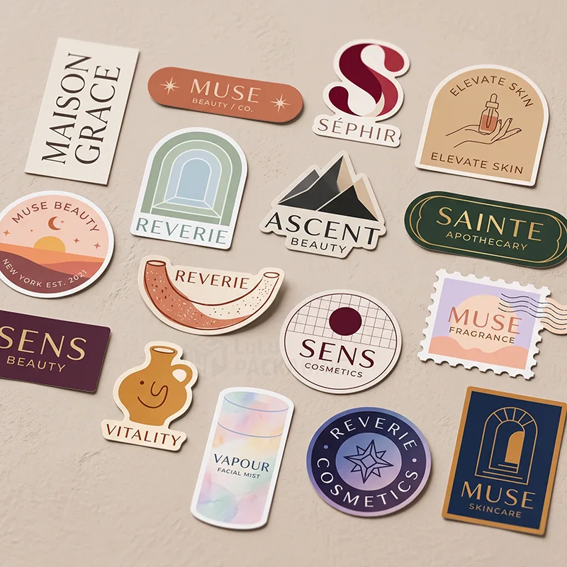 Fifteen logo stickers in many shapes and colours: round, arch, stamp, bottle and die-cut