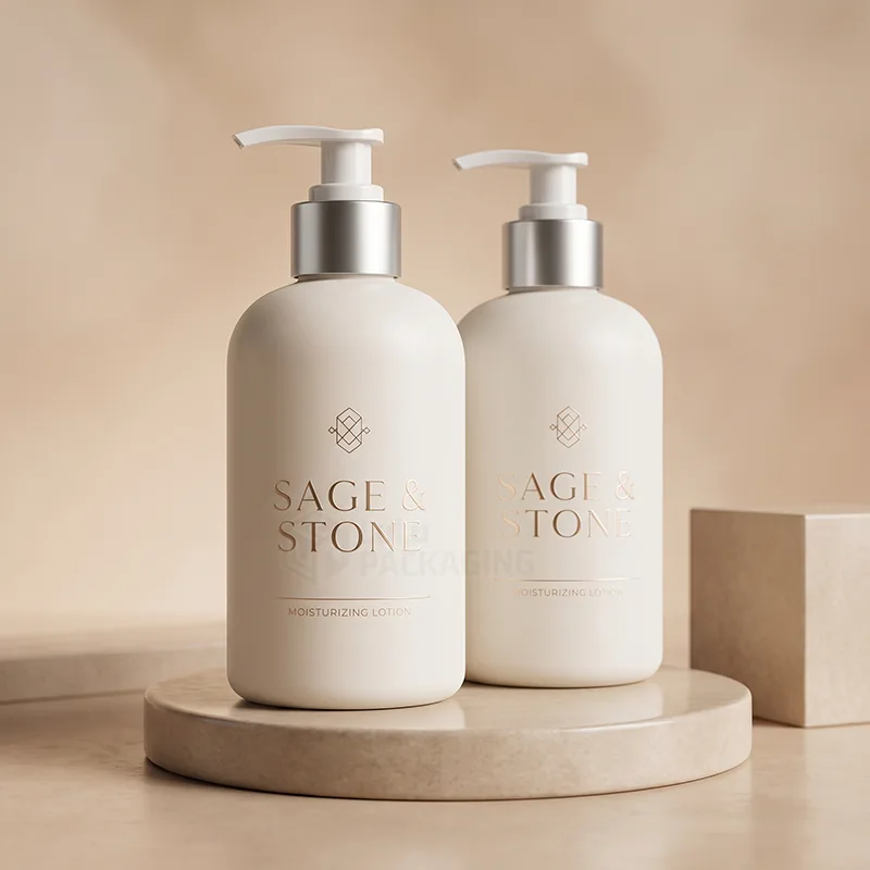 Two cream lotion pump bottles with silver collars and gold foil logos on a stone stand
