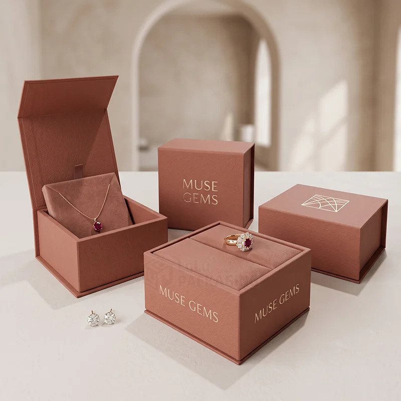 Terracotta luxury jewellery boxes with a foil logo, open to show a ruby necklace and ring
