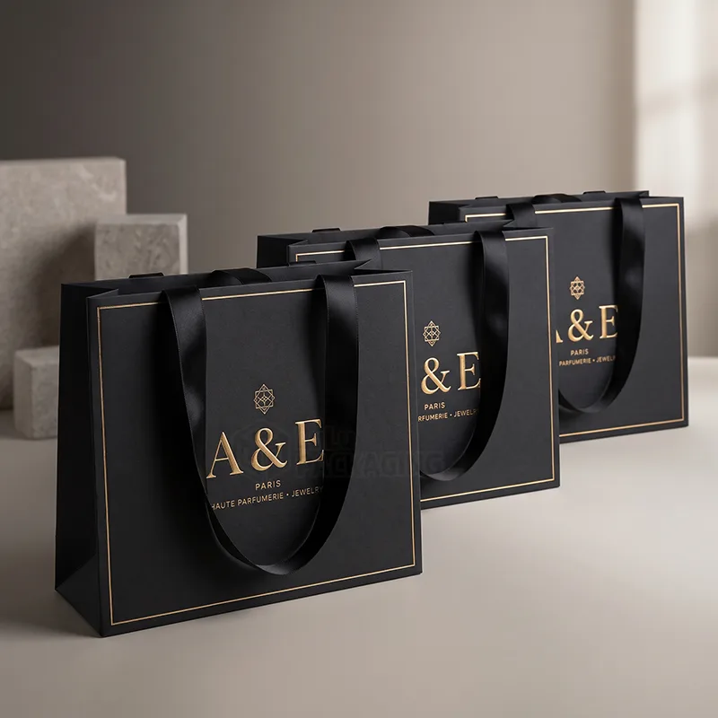 Three matte black luxury paper bags with black ribbon handles and gold foil logos