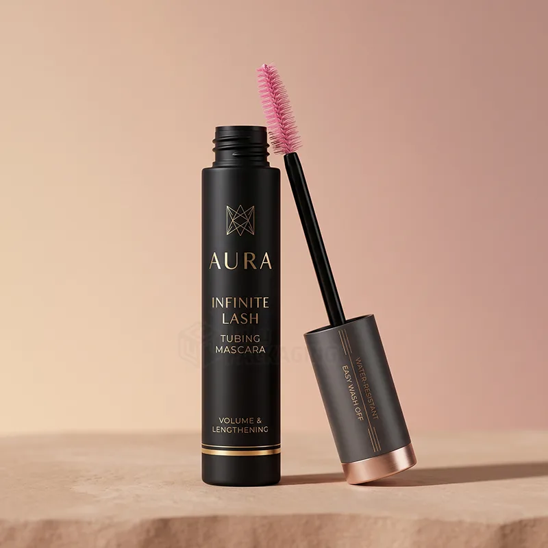 Black matte custom mascara tube with gold logo printing beside its open wand